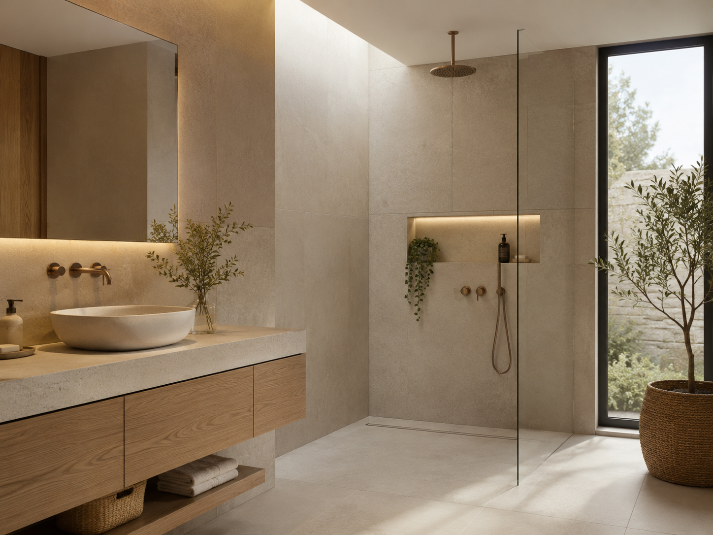 Baño saludable Biogar con materiales minerales, ventilación y luz natural