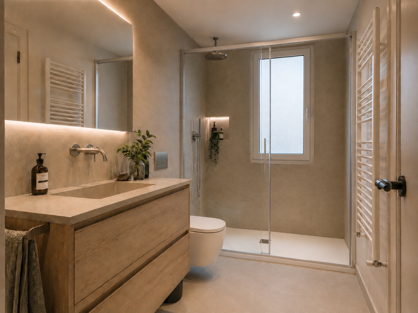 Detalle de baño saludable Biogar con ducha, materiales minerales y ventilación cuidada