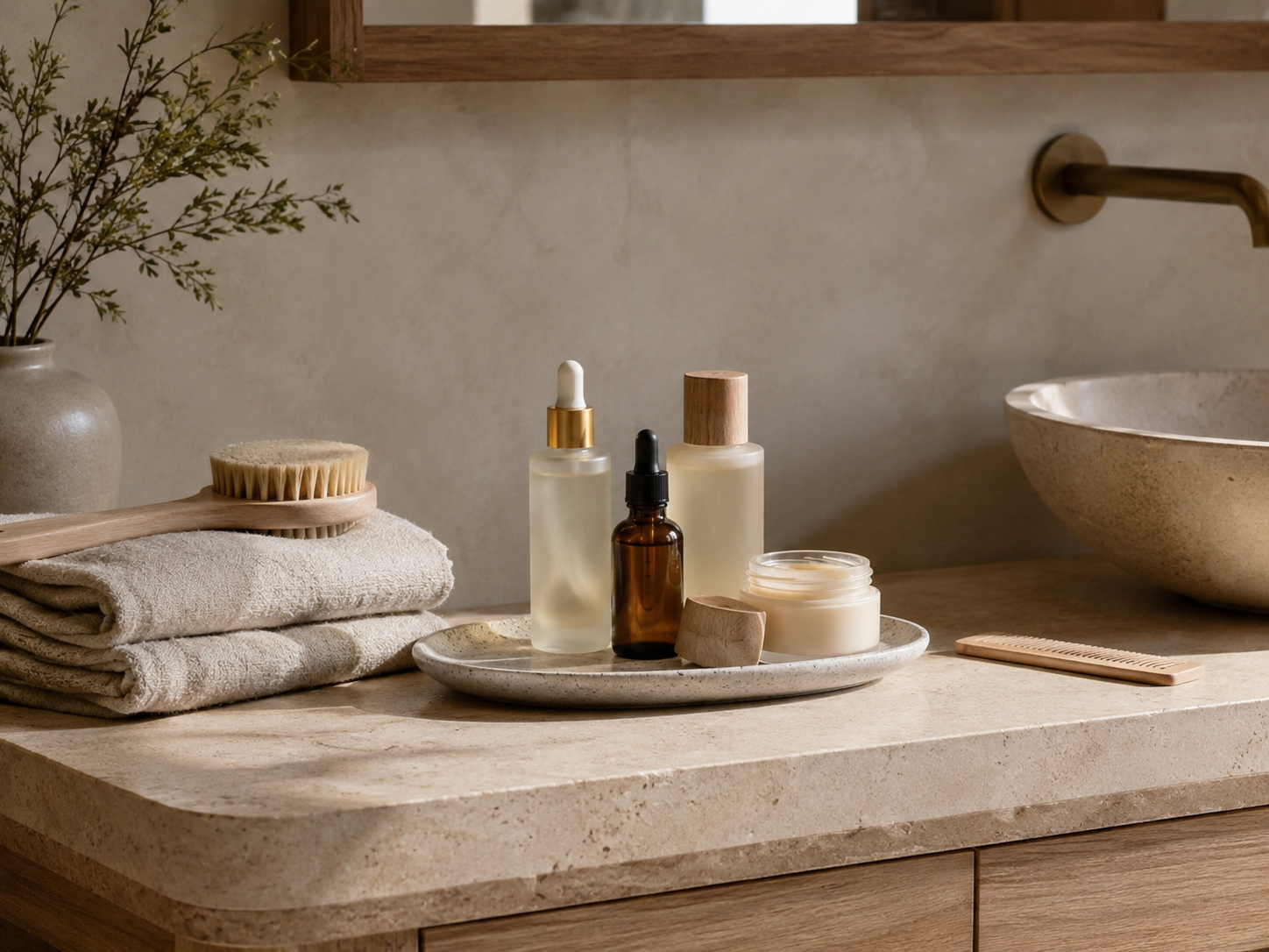 Propuesta Biogar de cosmética saludable con productos mínimos, envases de vidrio y baño ordenado