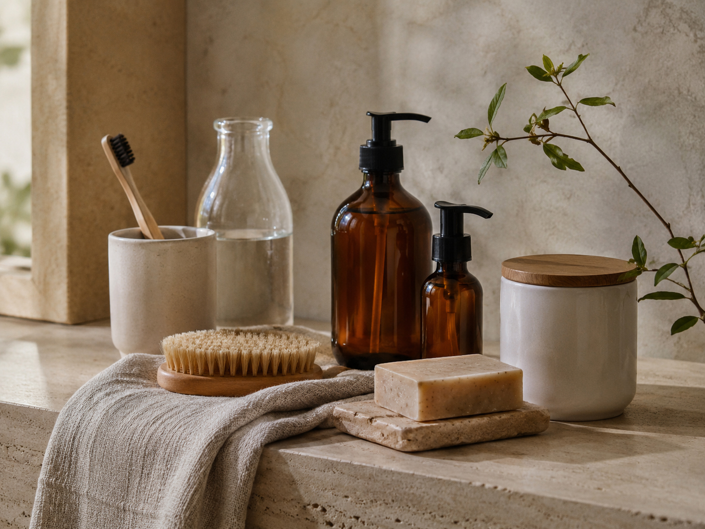 Propuesta Biogar de higiene saludable con productos sencillos, jabones, toallas naturales y baño ordenado