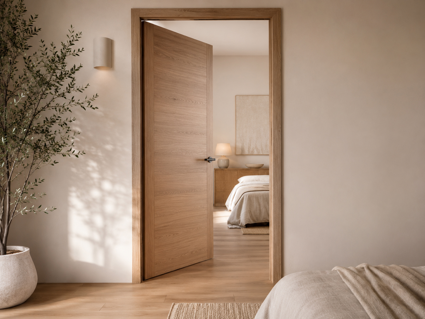 Detalle de puerta saludable Biogar con madera natural y acabado limpio